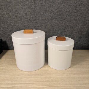 Crate & Barrel White Steel Canisters Set of 2 Acacia Wood Handles